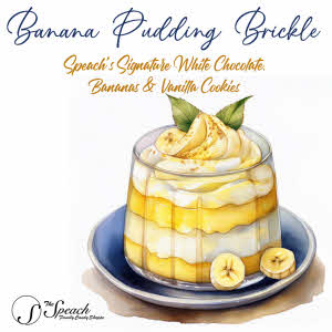 Banana Pudding Brickle label for product with watercolor painting of layered banana pudding and whipped cream on blue plate